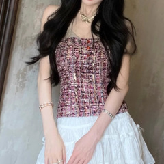 春夏の新型の小香編み物のつづり合わせの金は首を掛けて設計して身を修めて胸の気質の上着の女性の小香風を塗ります。