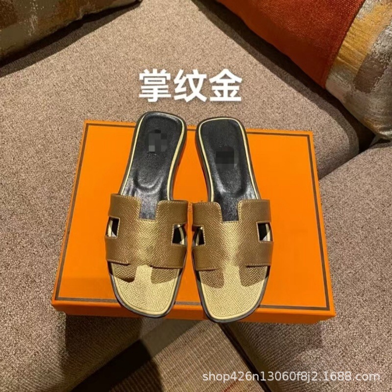 外贸经典款H家拖鞋女夏季高版本休闲一字型羊皮平底拖鞋批出货快|undefined