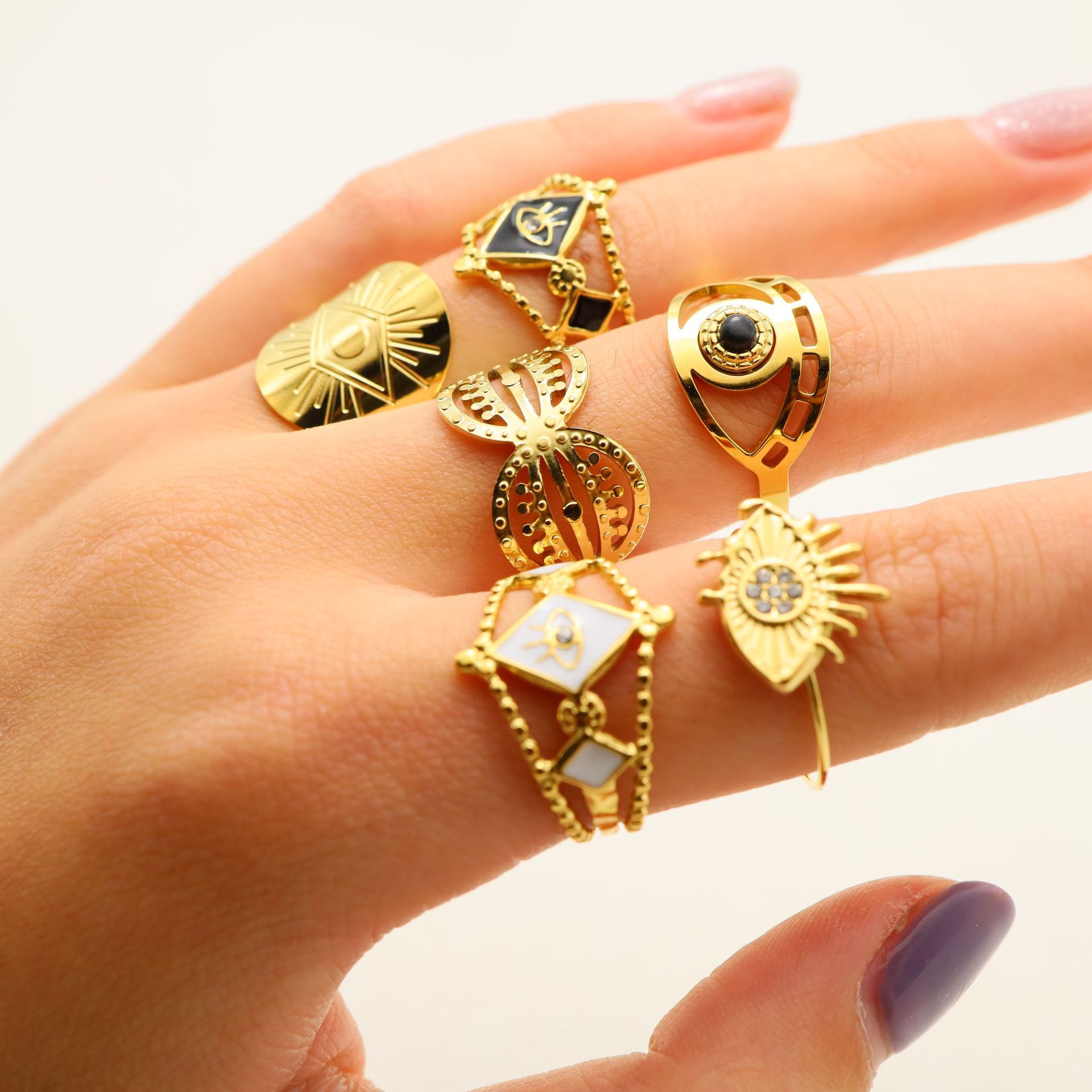304 Stainless Steel Material Devil'S Eye Pattern Women'S Gender PVD Coated 14K Gold Real Gold Plated Devil'S Eye 304 Stainless Steel Fashion Waterproof Non Tarnish Open Ring