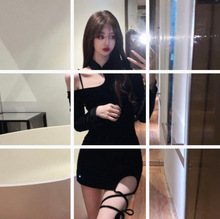 辣妹纯欲风绑腿露肩紧身包臀连衣裙女裙子8639露肩黑挂脖绑带裙