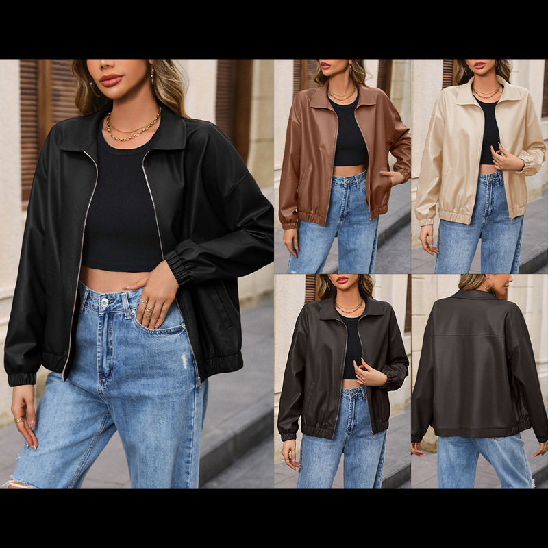 Amazon cross-border foreign trade European and American casual long-sleeved solid color PU motorcycle leather jacket lapel jacket coat for women