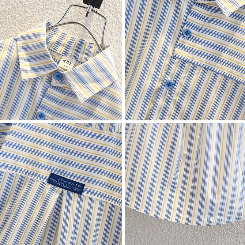 7960 Camisa de manga corta para niños de verano, hermosa blusa de solapa a rayas verticales para niños, camisa para niños pequeños y medianos, estilo de moda de verano