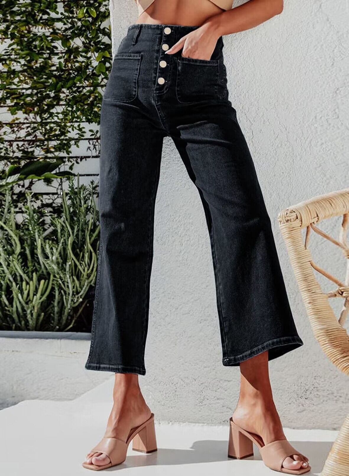 Jeans de Tiro Alto y Pierna Ancha para Mujer de Algodón con Bolsillos image 10