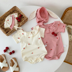 ベビーバッグ夏服新生児薄い女の赤ちゃんジャンプスーツプリンセス満月ハーネスチェリークロールスーツ