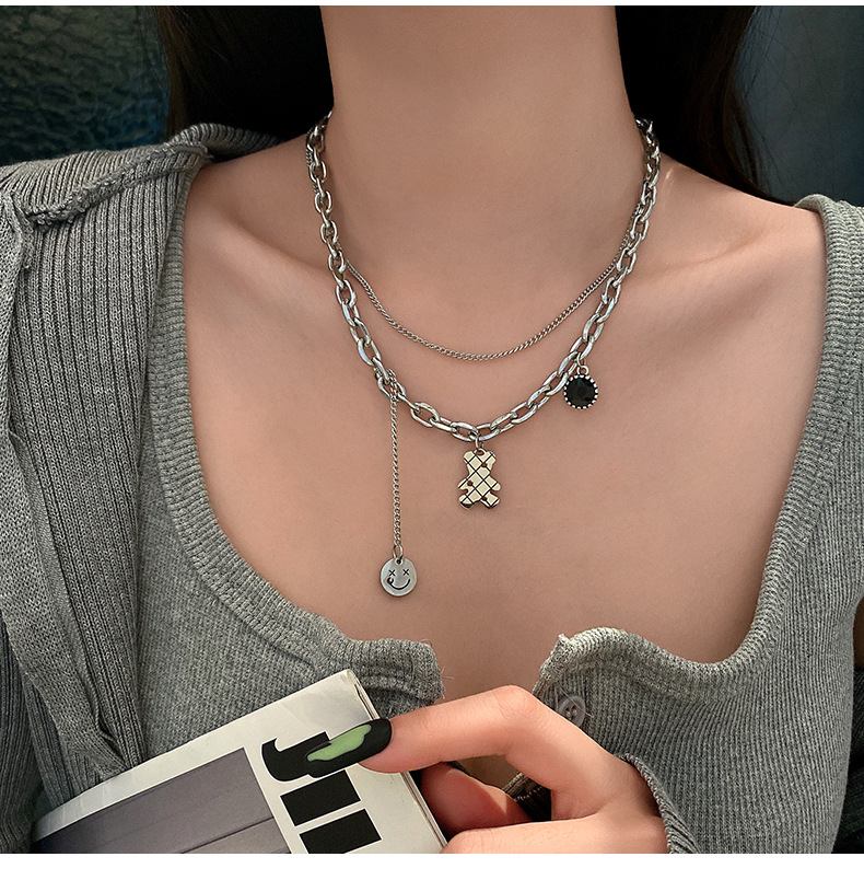 Double Layered Necklace Titanium Steel Teddy Bear Pendant Minimalist_voghion.com