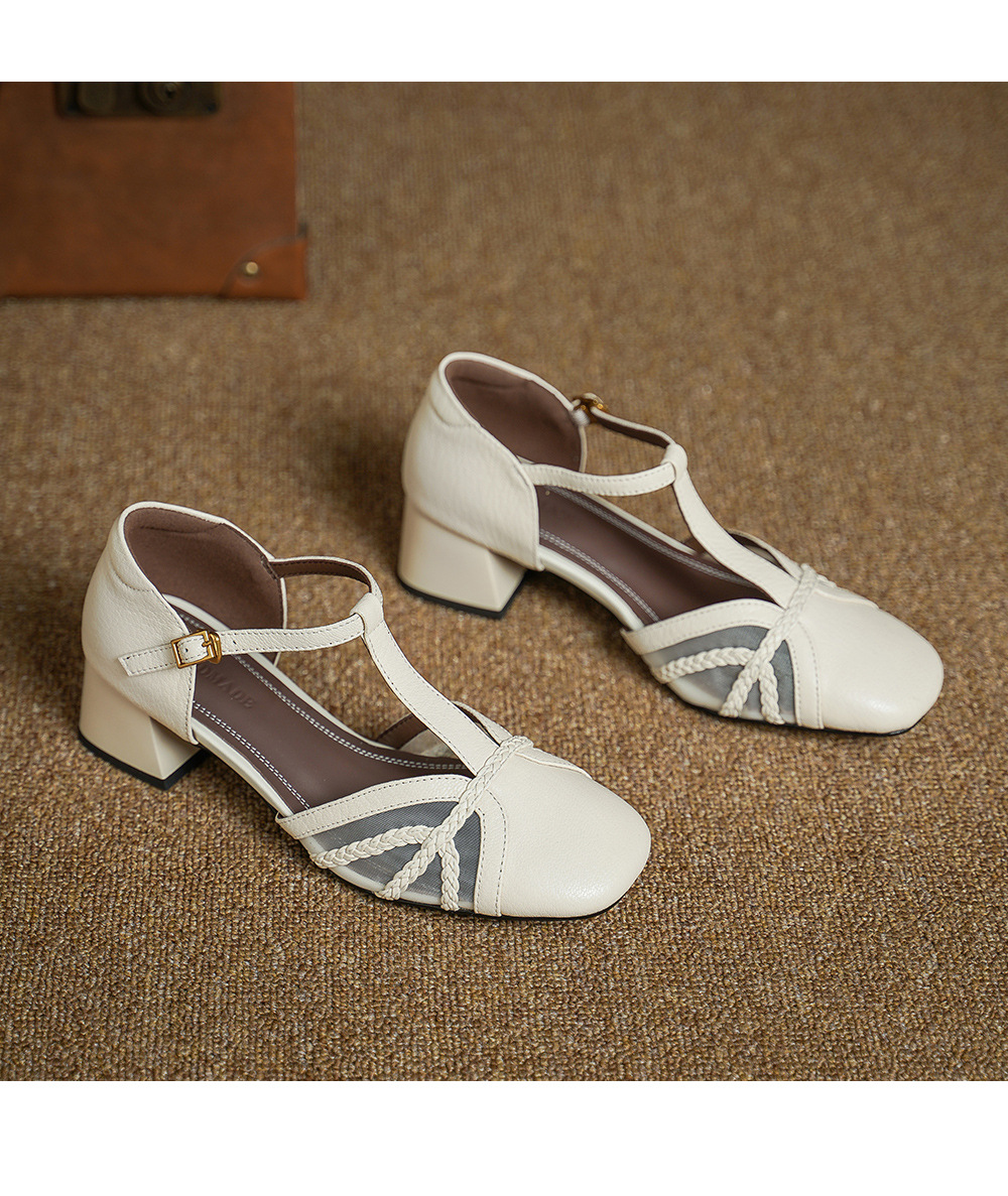Giày sandal cao gót nữ hở mũi da cừu lưới gót vuông quai chữ T — đen chi tiết 11