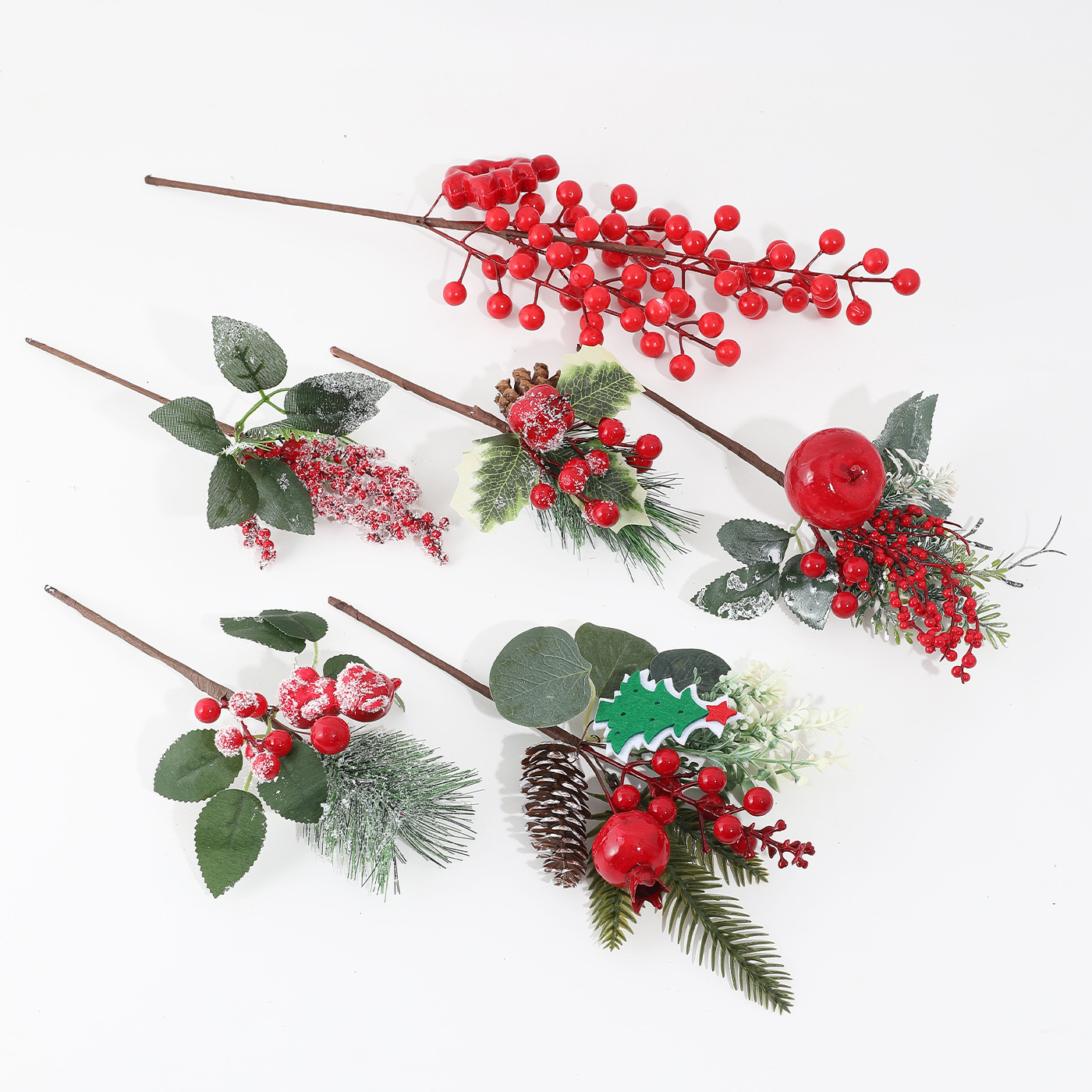 Nuevo transfronterizo de imitación verde con nieve pinos rojos pinos pinos pinos decoración de hojas de lujo diseño de decoración del hogar