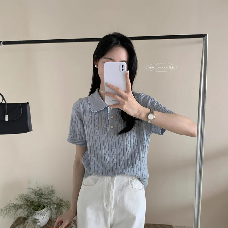 2025 New Summer Doll Collar Short-Sleeved T-Shirt Women's Design Niche Foreign Style Age-Reducing Knitwear Top Thin