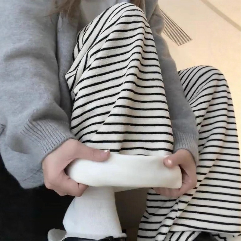 加绒加厚条纹阔腿裤女大码300斤秋冬高腰垂感宽松直筒休闲针织裤