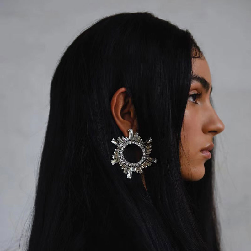 欧美走秀款合金镶钻玻璃钻水钻太阳花耳环潮女圆圈满钻晚宴耳饰女