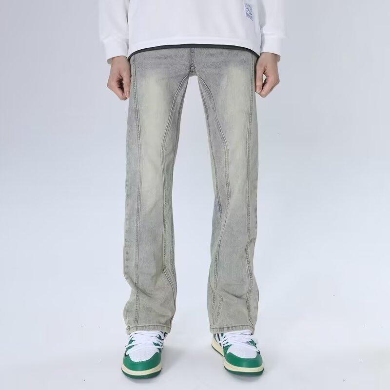 Men's Washed Distressed High Street Jeans Yellow Mud Dye Loose Straight Leg Niche Trendy Clothing_mkmklike.com