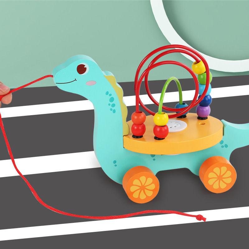 Educación temprana de los niños de madera animal de dibujos animados remolque cuentas bloques de construcción línea de tracción educativa iluminación juguetes educativos