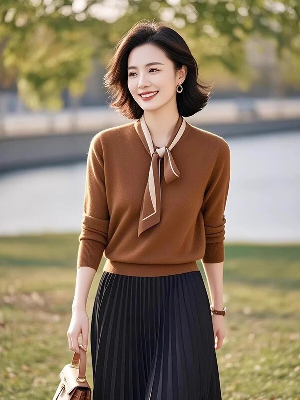 咖色系带蝴蝶结修身针织衫女夏季2025新款欧货高级感内搭长袖上衣|undefined