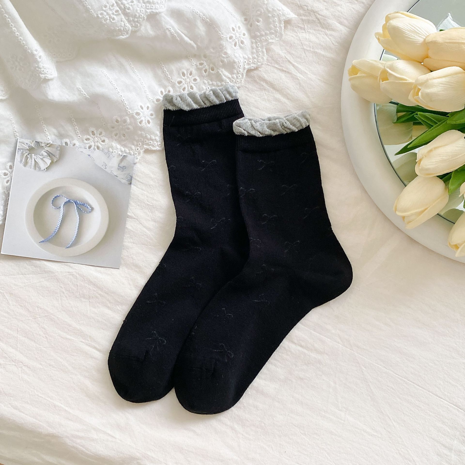 Calcetines sin huesos para niños Calcetines de tubo hueco fino de verano con lazo Calcetines de mujer estilo ballet con boca de burbuja Calcetines de pila de encaje
