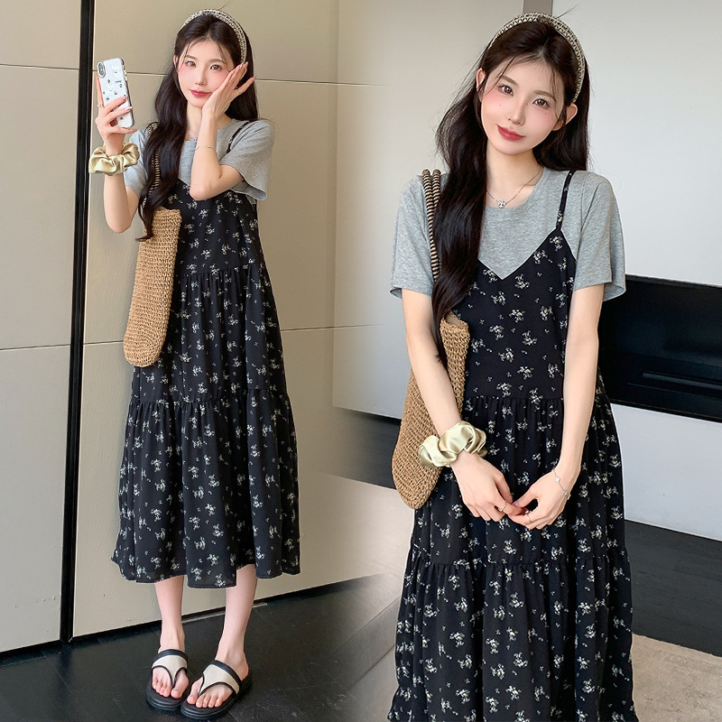 2025 New Summer Maternity Wear Korean Style Pure Cotton T-Shirt Spliced ​​Chiffon Fake Two-Piece Dress