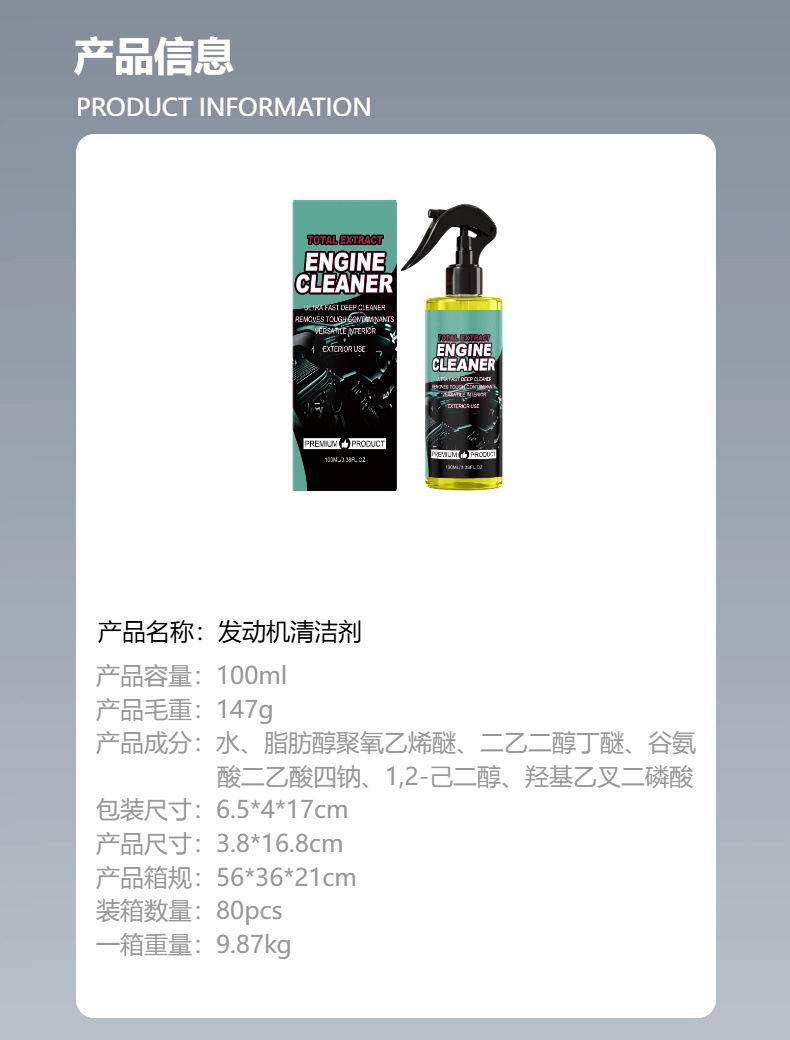 Engine cleaner for cleaning and refurbishing oil stains and carbon deposits on the surface of the car engine compartment, as well as for daily maintenance
