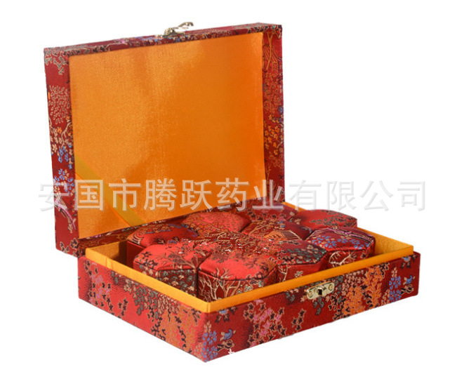 Brocade Gift Box for Herbal Pills Empty Packaging Case 11 Slots Red Jiangnan Fabric and Cardboard specifications