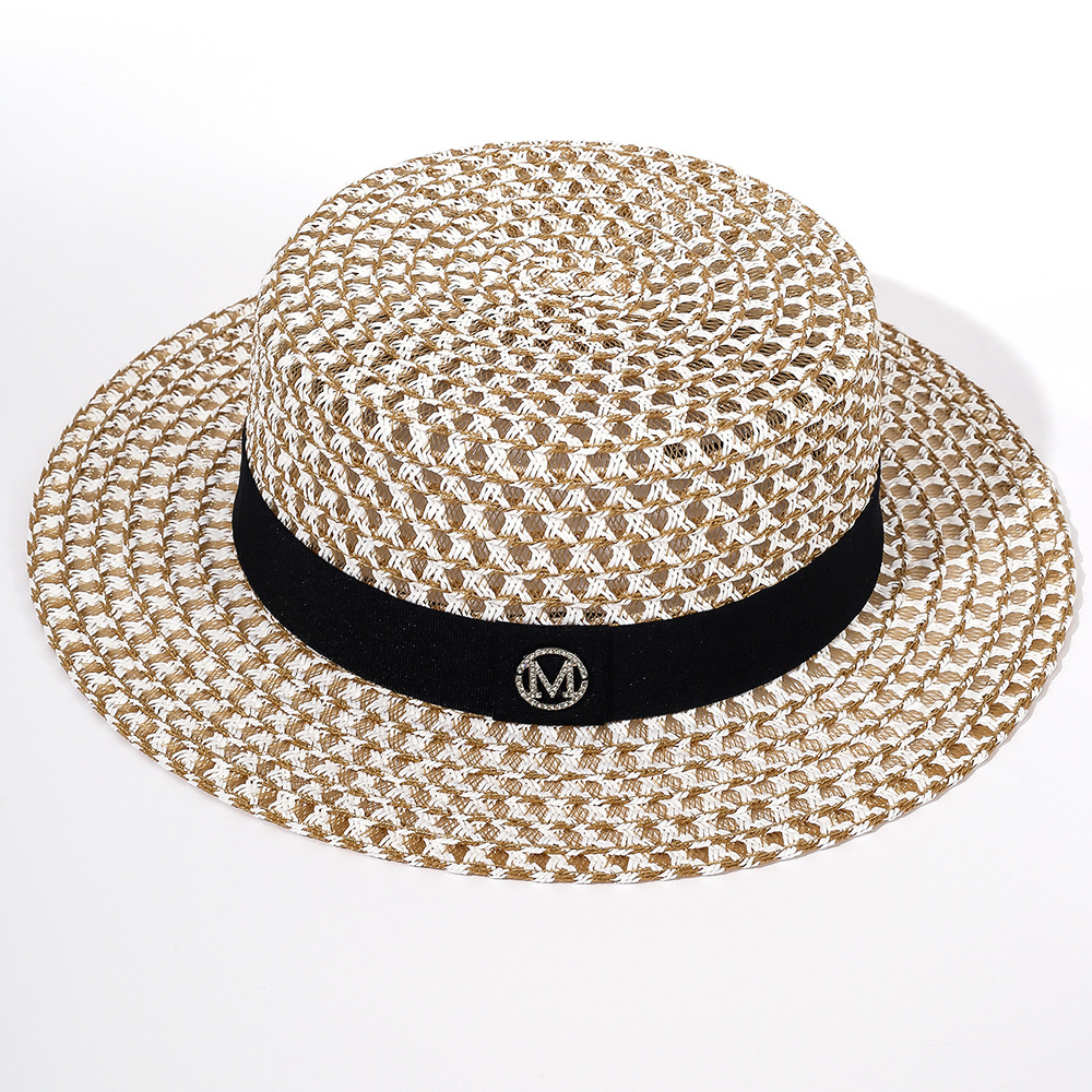 Sombrero de paja de las mujeres de verano tejida sombrero plano protección solar M diamante sombrero de copa buena textura sombrero de paja de viaje al aire libre