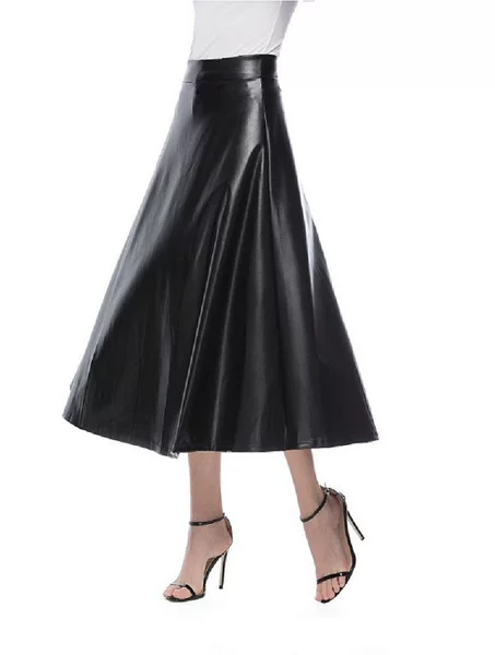 2022 European and American AliExpress Amazon Foreign Trade Early Spring Fashion Temperament High Waist Skirt Long Large Swing Leather Skirt Women