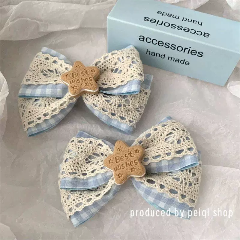 Японская и корейская ткань, молочно-синий бант, кружевная заколка для волос, милая и милая заколка с пятиконечной звездой, аксессуары для волос