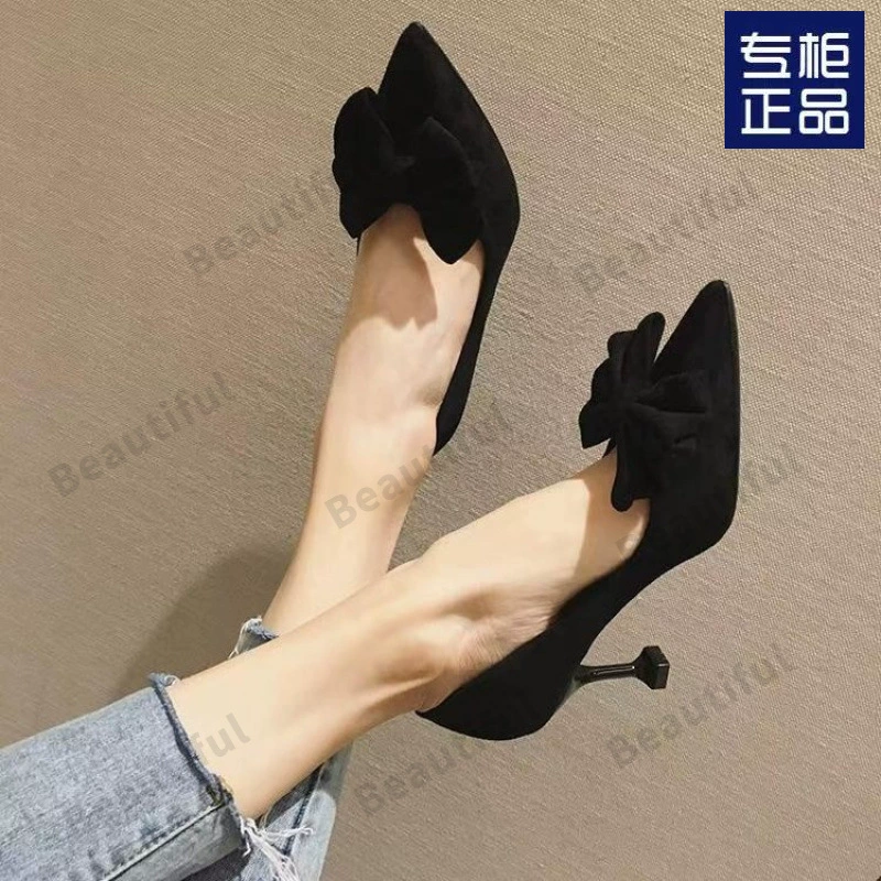 Женские летние элегантные туфли-стилето на небольшом каблуке, французский дизайн, с бантом, черные, для работы и повседневной носки, новинка 2025 года.