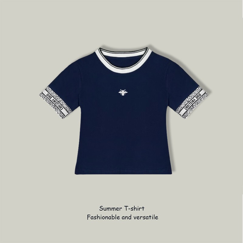 Factory direct praise 90% cotton 10% spandex short sleeve T-shirt women's embroidery stitching contrast color Joker top women Factory direct praise 90% cotton 10% spandex short sleeve T-shirt women's embroidery stitching contrast color Joker top women
