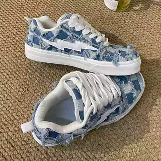 新中式闪电格子帆布鞋女潮ins情侣款