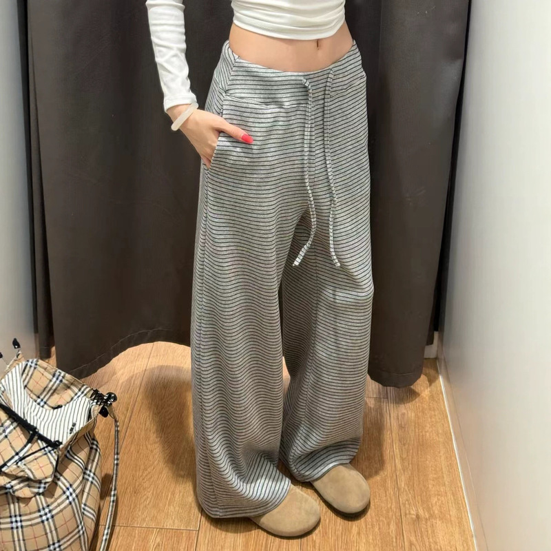 【Fleece-Lined/Non-Fleece-Lined】Women's Striped Wide-Leg Pants with a Slimming Effect, Lazy Style, Sporty Casual Sweatpants