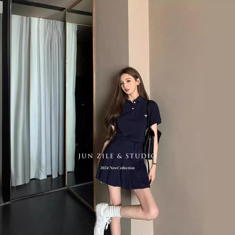 American Style Retro Elegant POLO Collar Short-sleeved T-shirt Top Women's High Waist Pleated Half Skirt Fashion suit Women