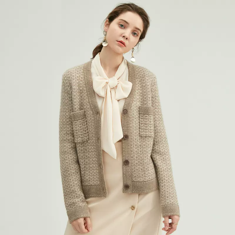 秋冬加厚短裤羊绒衫女开衫100山羊绒针织衫小香风V领短裤长袖上衣