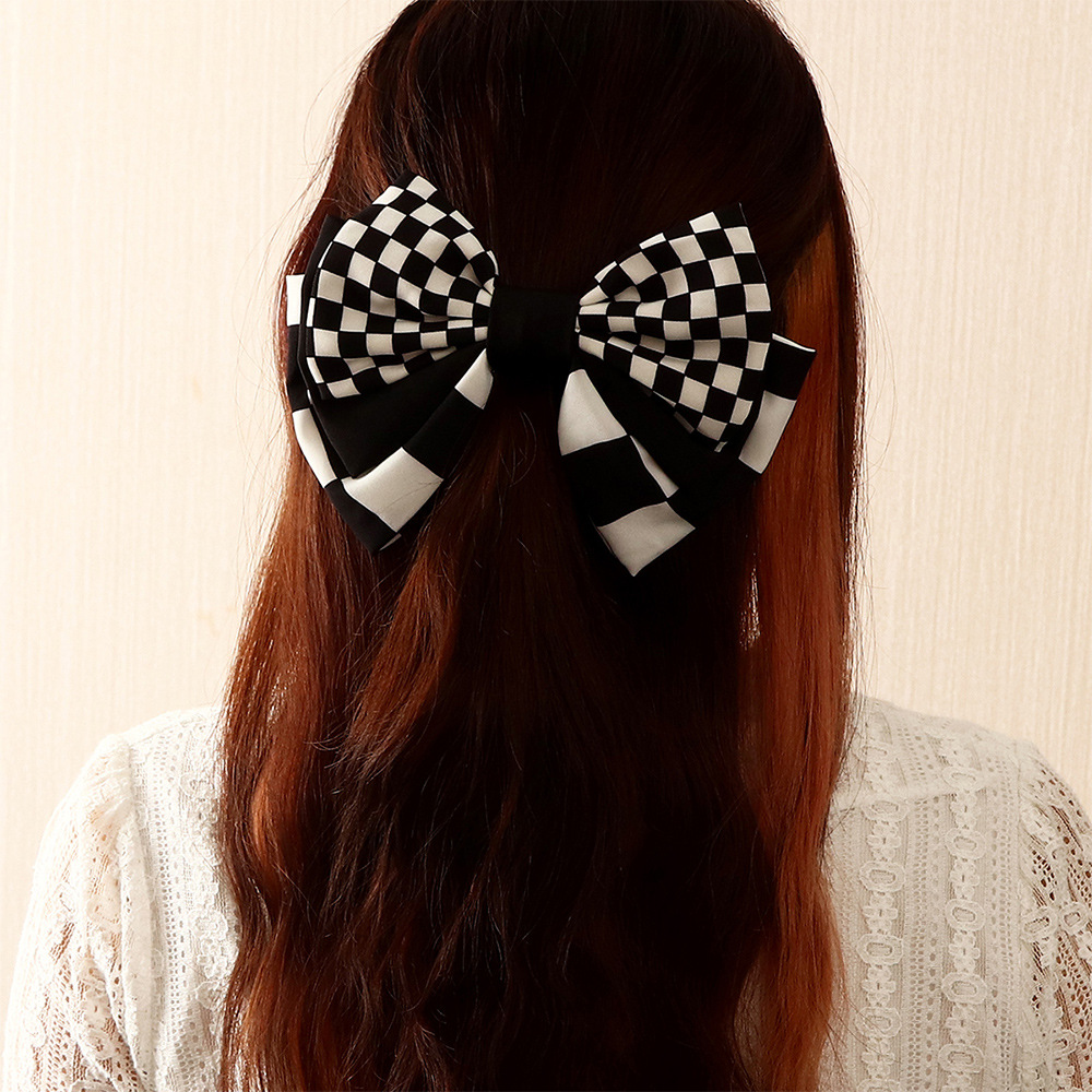 Korean Dongdaemun Hair Accessory Black and White Chessboard Grid ThreeLayer Bow Top Gap Former Red Fashion Adult Spring Clip Barrettespicture1