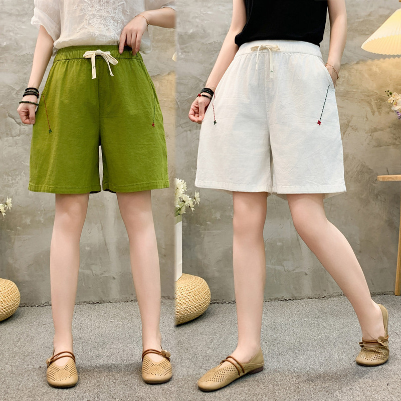 Cotton Linen Shorts Women's Summer New High Waist Casual Wide Leg Pants Women's Linen Medium Pants Large Size Straight Pants for Women