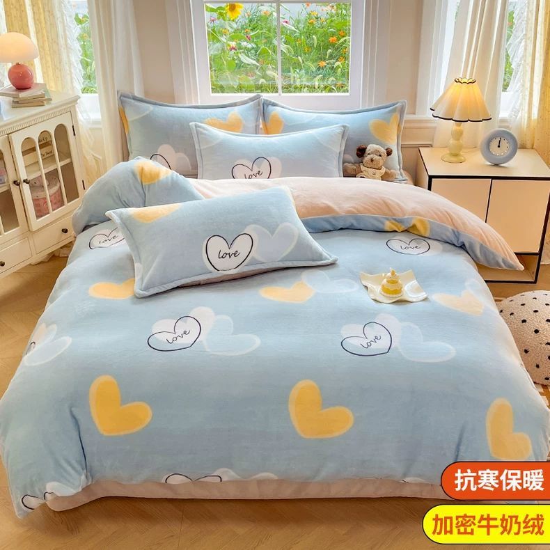 Leche de seda cama de cuatro piezas en invierno engrosado flange de coral sábanas cubierta dormitorio de estudiantes más seda de tres piezas
