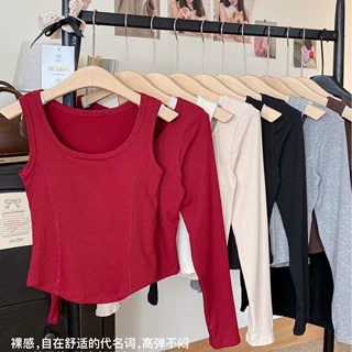 秋冬圆领打底衫女长袖上衣修身带胸垫磨毛螺纹防走光保暖背心