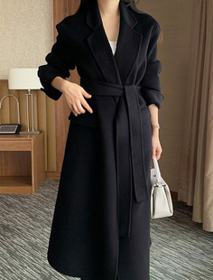 South Korea chic winter style large lapel lace-up waist coat woolen cloth long coat women's