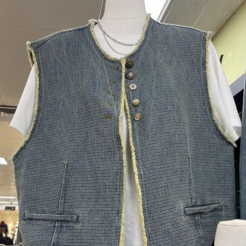 Chanel Style Denim Waistcoat Women's Summer Loose Design Niche Crewneck Sleeveless Waistcoat Fashionable Vaistcoat