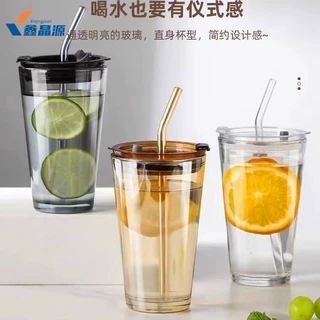 定制玻璃吸管双饮杯简约透明大容量牛奶咖啡杯子带盖商务送礼出口