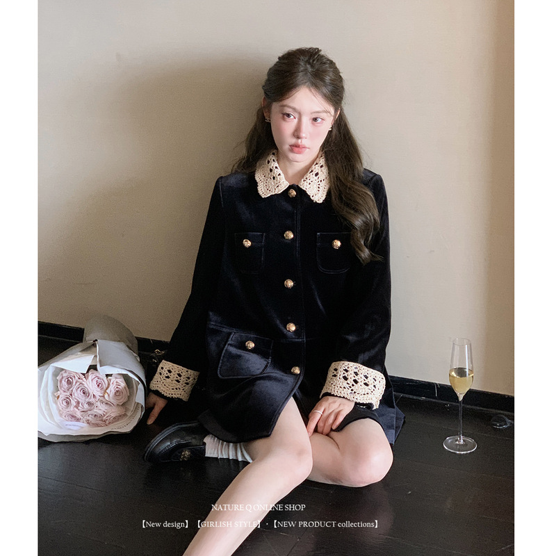 杨小卷 MIU系复古翻领中长款麂皮/丝绒外套工装风衣女 美拉德穿搭|undefined
