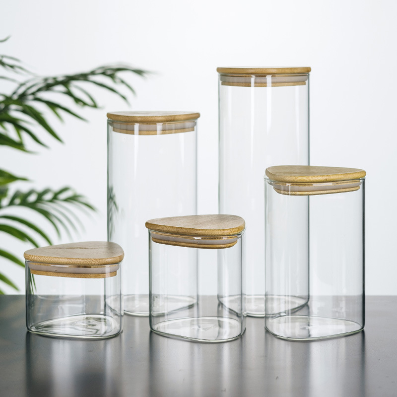 Cocina de almacenamiento de vidrio triangular cubierta de bambú y madera tanque de almacenamiento transparente para el té doméstico granos de café tanque de sellado mayorista