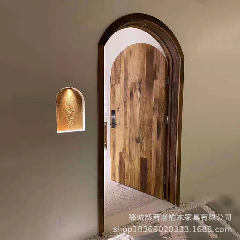 Retro Old Elm Door B&B Hotel Entry Door Solid Wood Various Self-Built House Old-Fashioned Door Arched Single Door