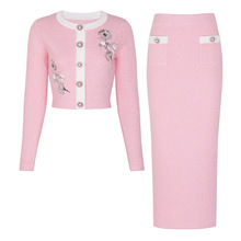 25202高品质现货春秋新款时尚网红针织女式上衣外套 +半身裙套装