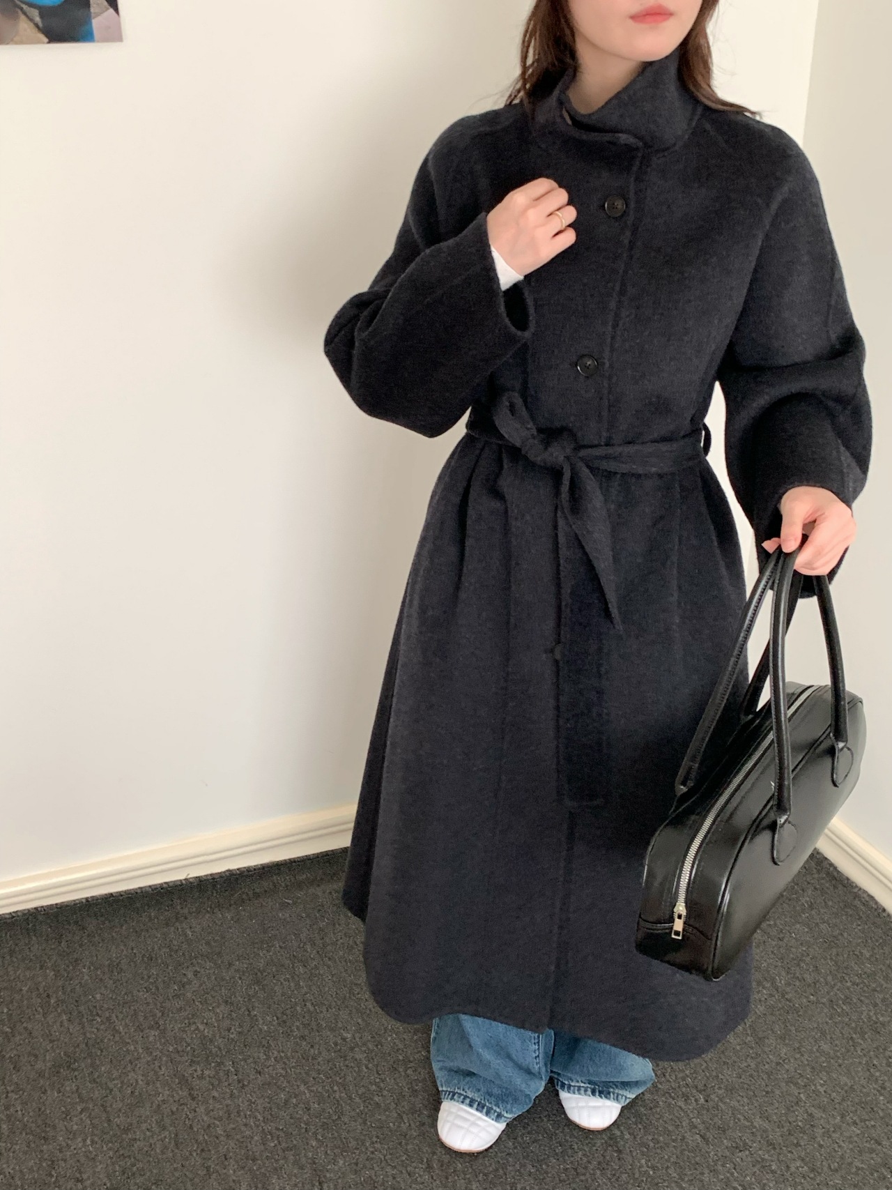 韓国風スタンドカラー新年コート レディース 両面カシミヤウール 25秋冬新作 シングルボタン ロング丈ウールコート レディース