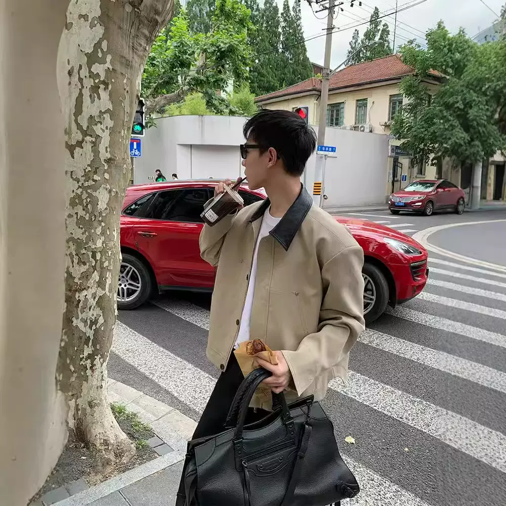 美式复古翻领拼色做旧宽松休闲外套春秋男女百搭工装夹克上衣潮