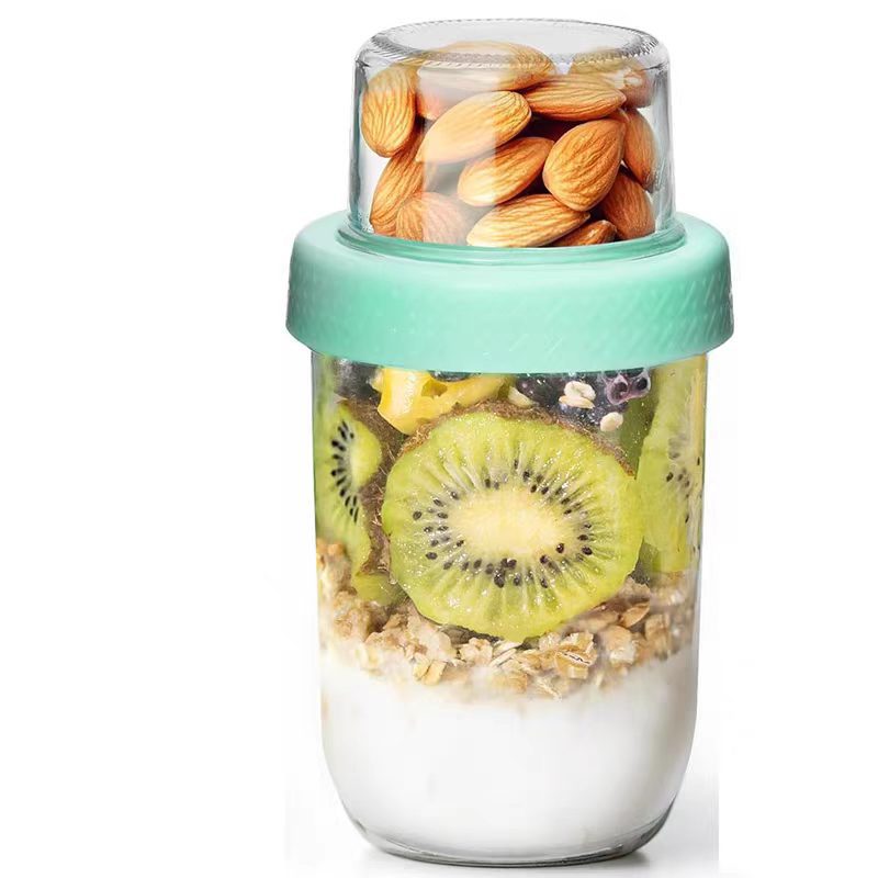 Taza de yogur de vidrio transfronteriza taza de desayuno portátil separación seca y húmeda sellado taza de avena taza de noche con cubierta ensalada laminada