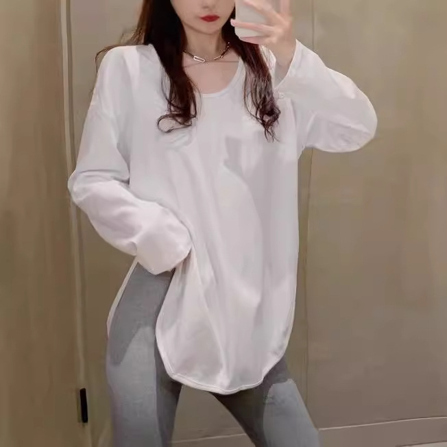 2024 년 초가을 중장 화이트 U 칼라 느슨한 긴팔 티셔츠 여성용 스플릿 퓨어 코튼베이스 셔츠 탑 화이트 티셔츠