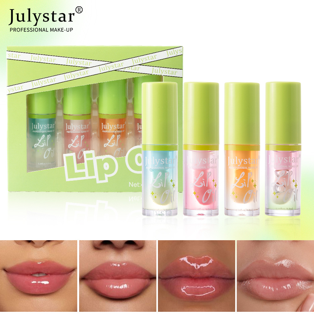 Julystar Hydrating Head Brush Lip Gloss Mirror Moisturizing Hami Melon Lip Oil 4-bottle Set Wholesale Makeup undefined