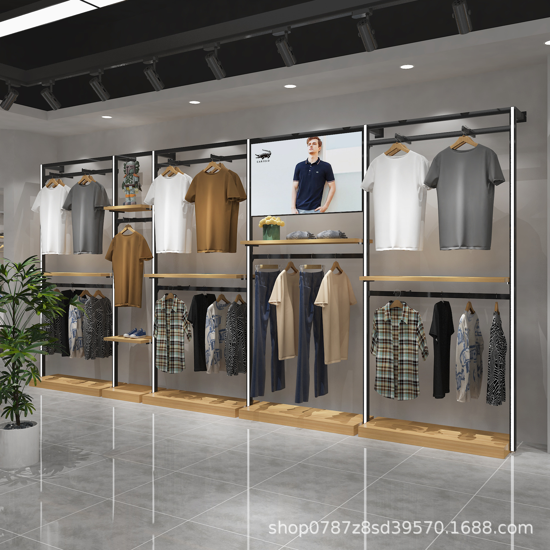 Tienda de ropa de hombre estante de exhibición de pared estante de exhibición de pared estante de exhibición de tienda de ropa de pared estante especial