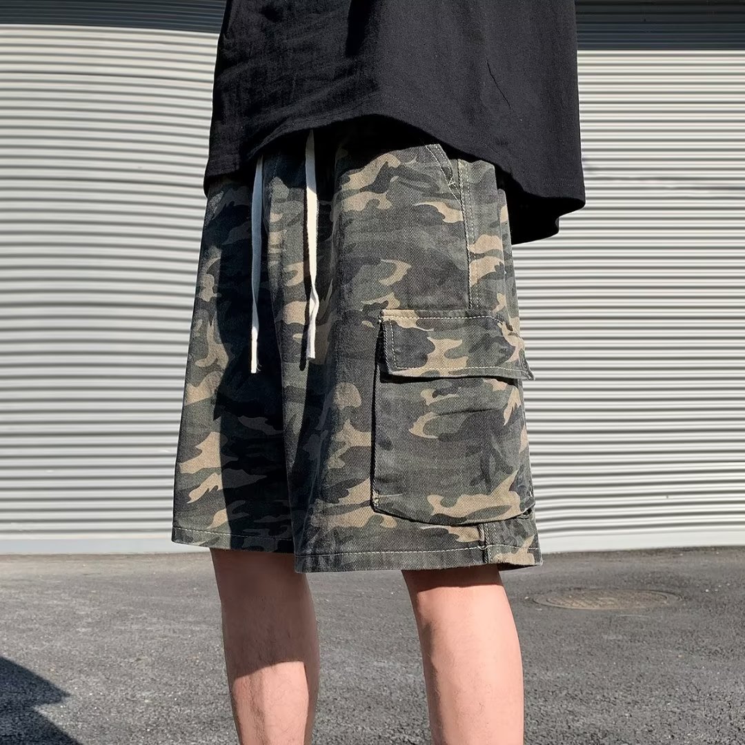 American Retro Camouflage Shorts Men's Summer High Street Multi-Pocket Straight Cargo Pants Trendy Brand Loose Versatile Knee-Length Shorts
