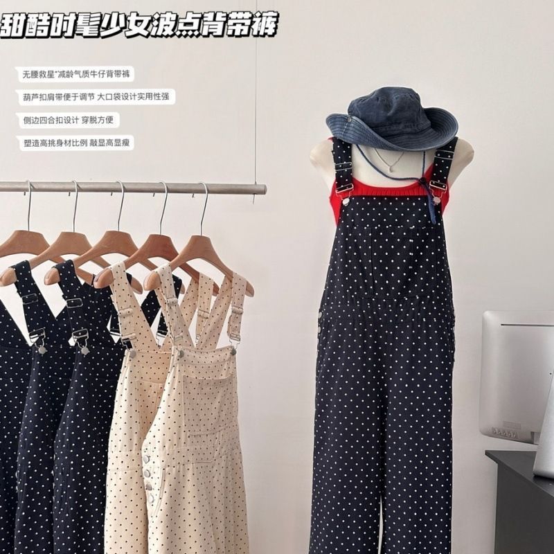 韩系波点牛仔背带裤女新款小个子减龄宽松显瘦连体阔腿裤|undefined