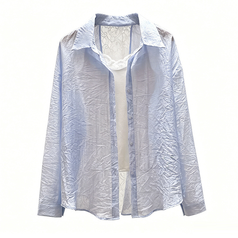 Fashionable and Chic Blue Shirt Top with Lace Back Panel for Women, Lightweight and Slightly Sheer Summer Polo Collar Sun Protection Jacket